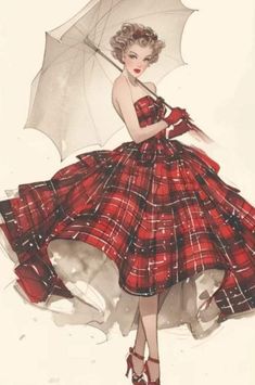 a drawing of a woman in a red and black dress holding an umbrella over her head