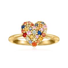 Ross-Simons - .60ct t. w. Multicolored Sapphire Heart Ring Over Sterling. Size 8. Fall in love with color! Our vibrant heart ring is sparked with .60 ct. t. w. round multicolored sapphires set in polished 18kt yellow gold over sterling silver. 3/8" wide. Multicolored sapphire heart ring. Rainbow Engagement Ring, Sapphire Heart Ring, Basic Ring, Dress Reference, Bday Wishlist, Modern Gold Jewelry, Luxe Jewelry, Outfit Jewelry, Sapphire Color