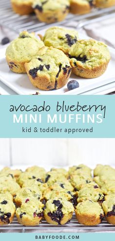 blueberry muffins on a cooling rack with text overlay that reads, avocado blueberry mini muffins kid and toddler approved