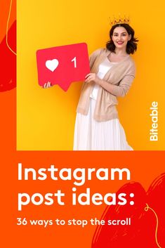 a woman in a white dress holding up a red sign that says instagram post ideas