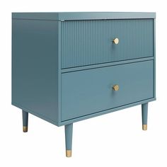 a blue dresser with two drawers and gold knobs on the bottom, against a white background