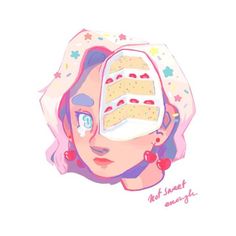 a drawing of a woman's face with a slice of cake on her head