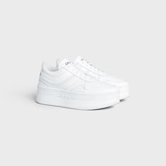 BLOCK SNEAKERS WITH WEDGE OUTSOLE in CALFSKIN - Optic White | CELINE Celine Block Sneaker, Luxury Nike Air Force 1 Lace-up Urban Style, Fame Clothes, Celine Shoes, Leather Cuts, White Shoes, White Sneakers, Sneakers White, Luxury Handbags