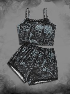 Multicolor Casual Collar Sleeveless  Halloween Short Sets Embellished Slight Stretch  Women Sleep & Lounge Gothic Pjs, Grunge Pjs, Goth Pjs, Skull Pajamas, Goth Pajamas, Alt Clothes, Cute Sleepwear, Gothic Clothes, Alt Fashion