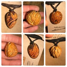 four pictures show different stages of making a pendant with wood and leather cord around it