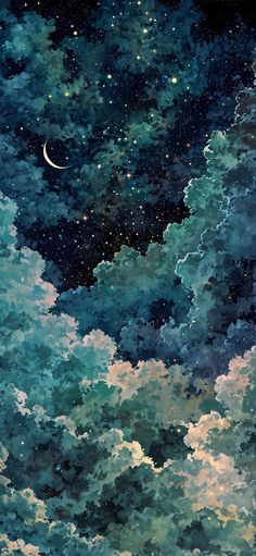 the night sky is full of stars and clouds, as if they were floating in space