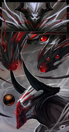 two red eyes are on the face of a demonic creature with long horns and sharp fangs