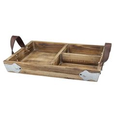 a wooden tray with two compartments and handles