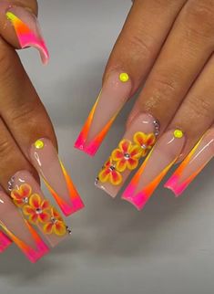 Summer Hawaii Nails, Florida Vacation Nails, Tropical Nail Ideas, Trap Nails, Gel Powder Nails, Carnival Nails, Acrylic Nails Yellow, Tropical Nails, Acrylic Nail Set