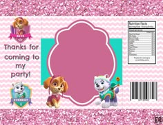 a pink and blue birthday card with a paw patrol image on the front, an envelope that says thanks for coming to my party