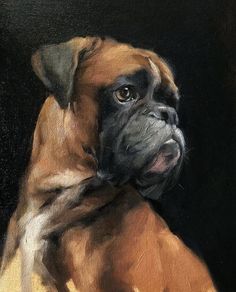 an oil painting of a boxer dog with his head turned to the side and looking off into the distance