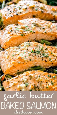 garlic butter baked salmon recipe with asparagus and broccoli on the side