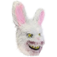 a white bunny mask with pink ears and yellow eyes