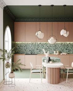 the kitchen is decorated in pastel tones