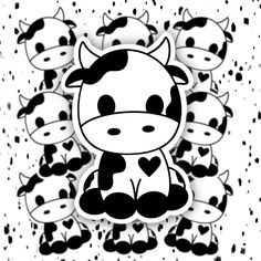 a black and white drawing of a cow surrounded by smaller cows with hearts on them