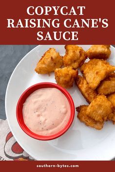 copycat raising cane's sauce on a plate with tater tots and dipping sauce