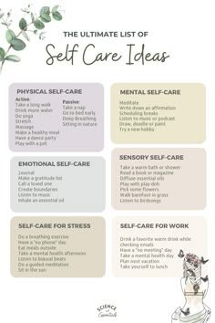 The ultimate list of self care ideas, physical, mental, emotional self care, science of essentials Sensory Self Care Ideas, Lazy Self Care, Creative Self Care Ideas, Self Care Examples, Good Self Care Routine, Self Care Benefits, Self Care Activity Ideas, Better Self Care, Organic Self Care