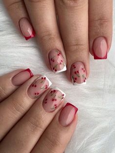 Nail Designs With Cherries, Cherry Summer Nails, Cherry Square Nails, Cherry Inspired Nails, Square Cherry Nails, Cherry Nails Square, Cherry Design Nails, Summer Nails Cherry, Cute Cherry Nails