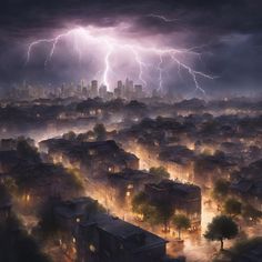 a city with lots of buildings and lightning in the sky