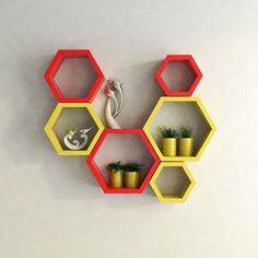 the shelves are arranged in hexagonal shapes and have plants on them, as well as vases