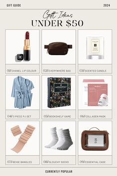 the gift guide for under $ 50 is shown in this image, it's all about