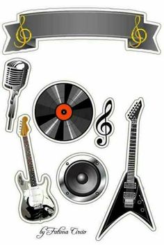 an assortment of musical instruments and music notes on a white background with a silver ribbon