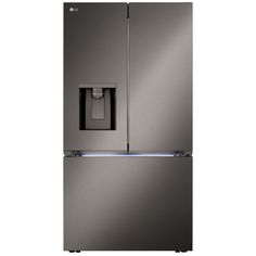 a large metallic refrigerator freezer sitting in front of a white wall