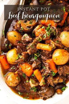 instant pot beef bourguignon in a white bowl