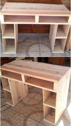 two different views of a desk made out of pallet wood, one with shelves and the other without