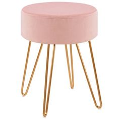 a pink stool with gold legs and a round cushion on the top, in front of a white background