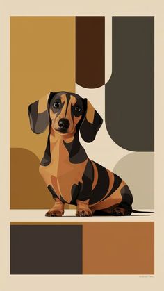 a dachshund dog sitting on top of a table next to a wall