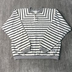 Vintage 80s Rush Striped Pattern Basic Essential Made in USA Streetwear 1980s Fashion White Pullover Crewneck Large Women ( Fits like Medium ) Condition:  Excellent Used Condition  = No Flaws Measurements: Please see photos above for all measurements IF YOU BUY TWO OR MORE ITEMS USE THE CODE BUNDLE @ CHECK TO SAVE 20% WE SHIP WITHIN 24 HOURS AFTER PURCHASE! Please be aware that we do not offer free returns!! The Buyer is responsible for the cost of the return label. Follow us on TikTok & Instagr Striped Crew Neck Sweatshirt For Loungewear, Vintage Tops With Ribbed Cuffs For Spring, Vintage Ribbed Cuffs Top For Spring, Cozy Striped Crew Neck Top, Vintage Sweatshirt For Fall Loungewear, Retro Fall Sweatshirt For Loungewear, Vintage Fall Sweatshirt For Loungewear, Vintage Fall Loungewear Sweatshirt, Retro Crew Neck Sweatshirt For Loungewear