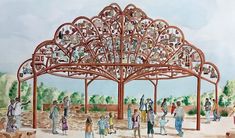 an artistic painting of people walking under a large metal structure in the middle of a park