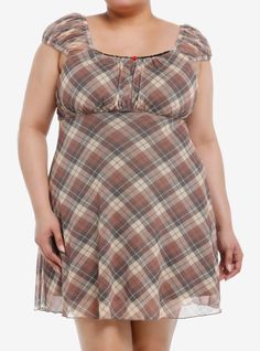 Aren't you plaid you stumbled upon this adorable babydoll dress? It features a classy brown plaid design with an empire waist and puffy elasticated sleeves  plus a dainty red rose at the center of neckline  which is lined with black lace. Comes with pockets!60% cotton; 40% modalWash cold; dry lowLength: 36"Stretchy materialImportedModel is 5'10"Model wears size 1 Babydoll Dress Plus Size, Hot Topic Dresses, Puffy Dresses, Brown Plaid, Plaid Design, Sweet Dress, Hoodie Girl, Plus Dresses, Plaid Dress