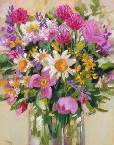 a painting of colorful flowers in a vase