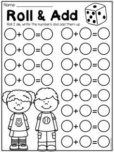 a roll and add worksheet for kids to practice their math skills with dices