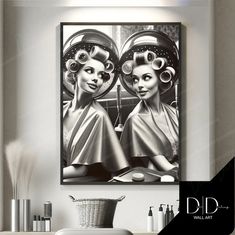 a black and white photo of two women with hair dryers on their heads in front of a mirror