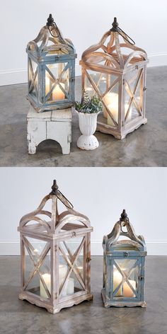 three different types of lanterns sitting on top of each other, one with a candle in it