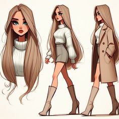 three different views of a woman with long hair wearing boots and a trench coat, standing next to each other