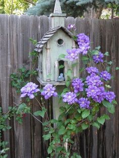 a birdhouse with purple flowers growing around it