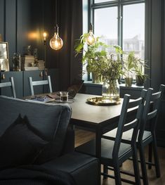 a dining room table with chairs and plants in the center, next to a large window