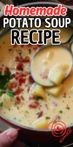 homemade potato soup recipe in a pot with a ladle