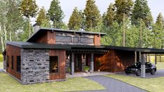 a car is parked in front of a small house with stone and wood accents on the exterior