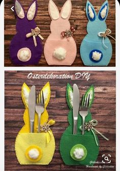 three different colored bunny ears with forks and spoons in them, one is made out of felt