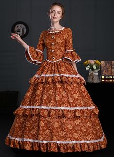 Buy high quality 2022 Historical Lady Colonial Victorian Prairie Dress Orange Floral Cotton Faire Princess Gown Theater Clothing at low price.Shop for Vintage Authentic Victorian Dresses,Ballgowns,Special Occasion Dresses,Masquerade Party Dresses online. Fitted Orange Long Sleeve Maxi Dress, Orange Fitted Long Sleeve Maxi Dress, Brown Fall Wedding Dress, Orange Maxi Length Dress For Wedding, Orange Maxi Dress For Wedding, Orange Maxi Length Wedding Dress, Long Sleeve Brown Costume Dress, Brown Long Sleeve Costume Dress, Fitted Orange Maxi Dress For Fall