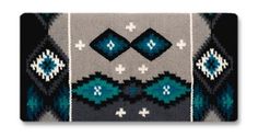 an afghan rug with blue and white designs on the front, in grey and green colors