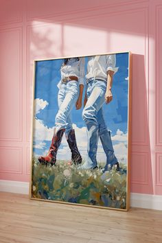 a painting of two people walking in the grass