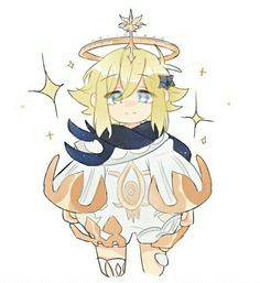 an anime character with blonde hair and blue eyes wearing a white outfit, standing in front of stars