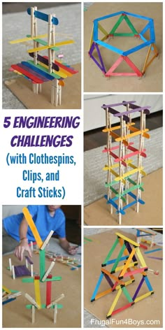 the instructions for building wooden clothes pins and craft sticks with text overlay that reads 5 engineering challenges with clothespins, clips, and craft sticks