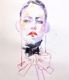 a drawing of a woman's face with red lipstick and black bowtie on her neck